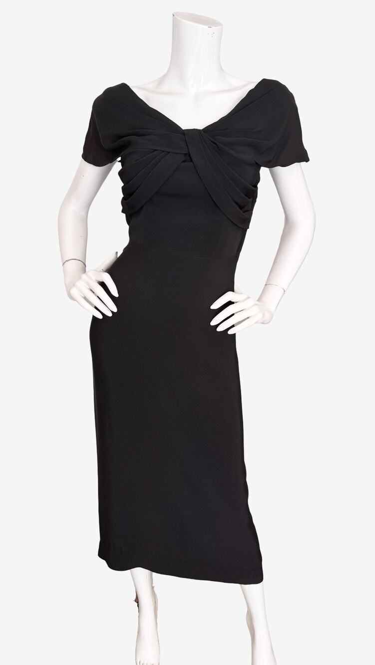 Vintage 40's 50's Rembrandt Black Crepe Cocktail Dress Draped Sheath Midi Small